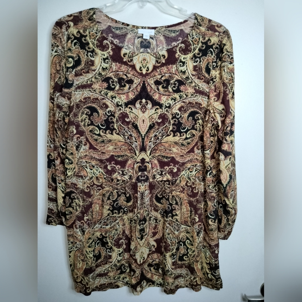 J. Jill (Size L) Multicolor Paisley Pattern Stretch Round Neckline LS Tunic Top